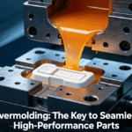 3D animation of the overmolding injection molding process, showing molten material bonding to a substrate.