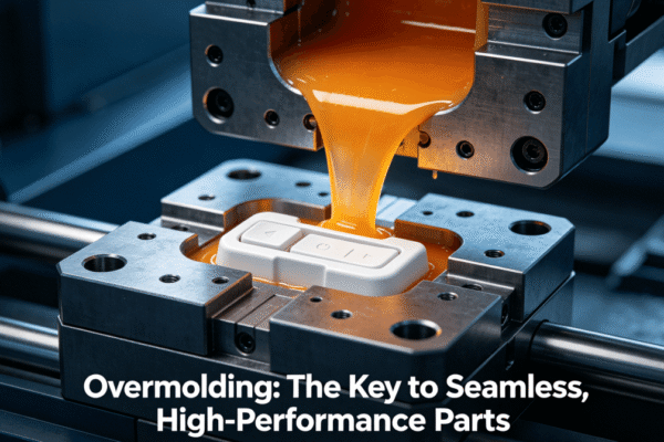3D animation of the overmolding injection molding process, showing molten material bonding to a substrate.