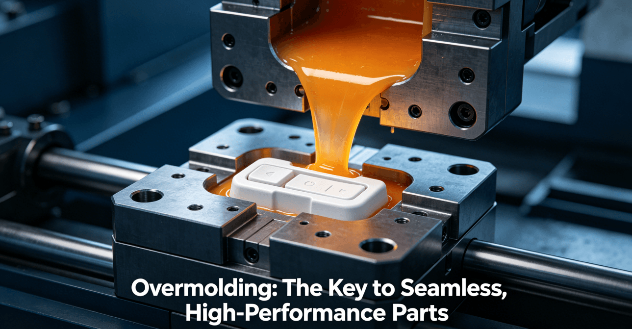 3D animation of the overmolding injection molding process, showing molten material bonding to a substrate.