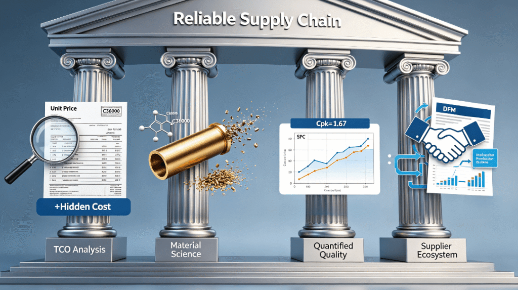 Infographic of a four-pillar archway representing the strategic procurement framework: TCO Analysis, Material Science, Quantified Quality, and Supplier Ecosystem, supporting a reliable supply chain.