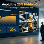 Procurement and manufacturing leaders analyze a TCO dashboard revealing a 25% hidden cost gap versus unit price, with live machining of a precision brass part, in a modern industrial setting.
