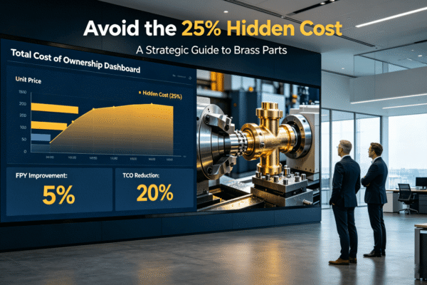 Procurement and manufacturing leaders analyze a TCO dashboard revealing a 25% hidden cost gap versus unit price, with live machining of a precision brass part, in a modern industrial setting.